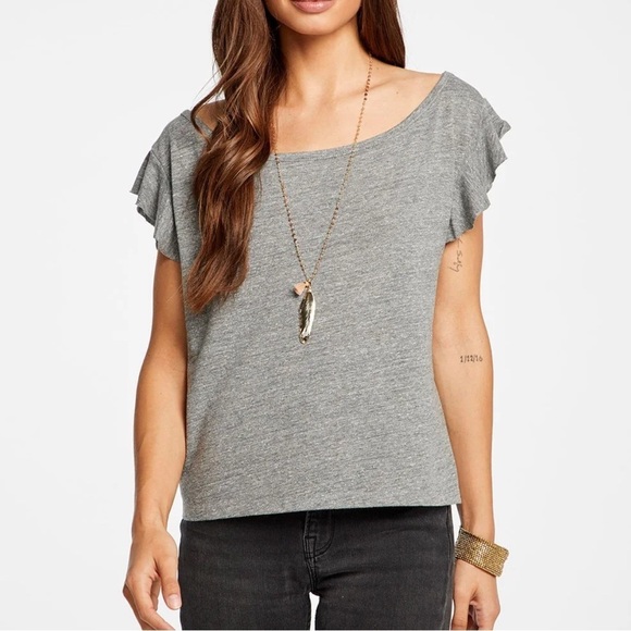 NWOT CHASER Gray Triblend Jersey Cropped Flutter Sleeve Open Neck Tee - Picture 2 of 7